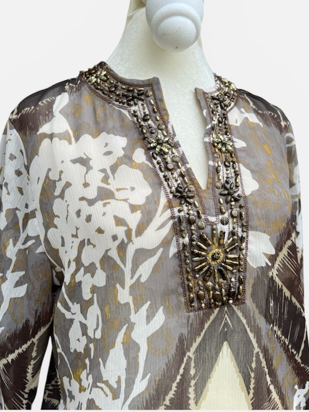 Chico's Sheer Floral Beaded Tunic Blouse Size Small
